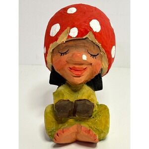 Vtg Handcarved Wood HENNING Norway Gnome Troll Mushroom Dome Hat Figurine 3 3/4"